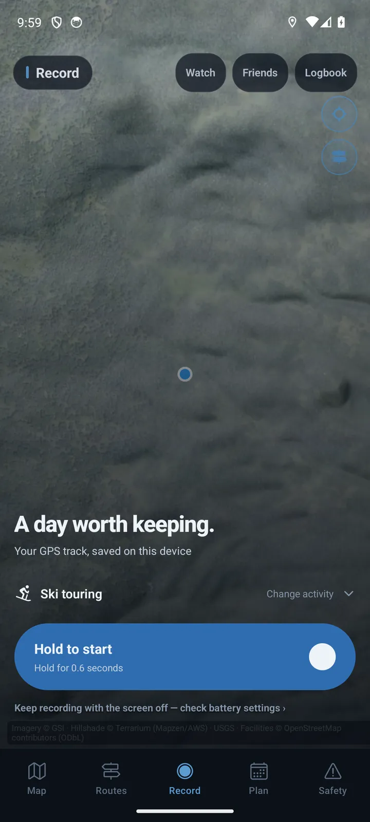 App record tab: hold to start a GPS track
